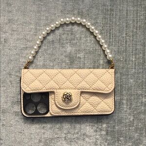 Elegant Cream Quilted Bag phone case with Pearl Handle